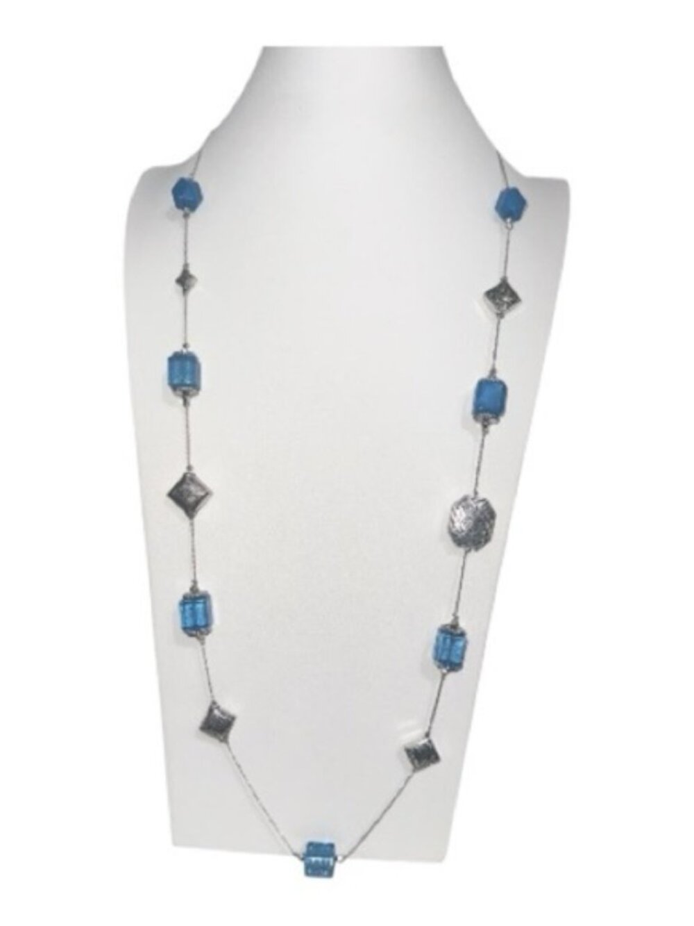Long Blue Resin Bead Station Necklace | Silver Tone Boho Style